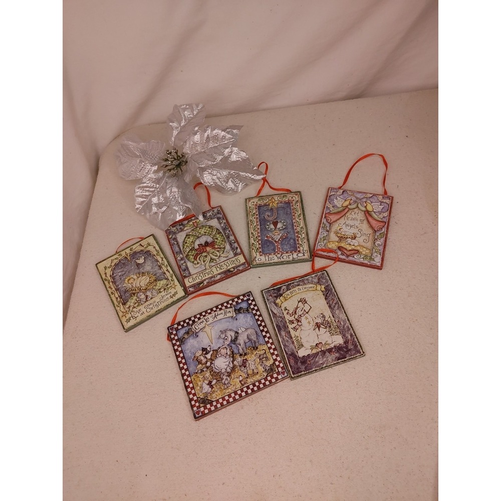 Bundle 6 Christmas Ornament Wood Mini Small Sign‎ Baby Jesus Joy Snowman